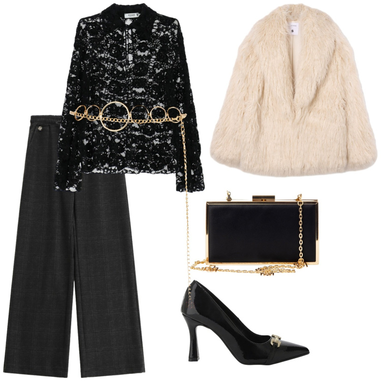 Outfit donna - Cena io e te. per Serata fuori. Abbinamento con camicie, cinture, pochette, ecopellicce, décolleté, pantaloni a palazzo.