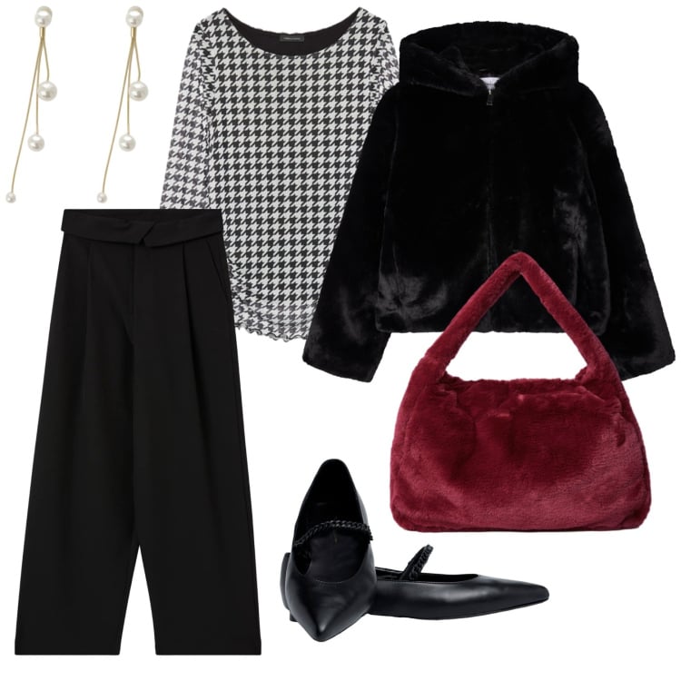 Outfit donna - Festa di compleanno. per Serata fuori. Abbinamento con ecopellicce, pantaloni, orecchini, bluse, ballerine, borse a spalla.