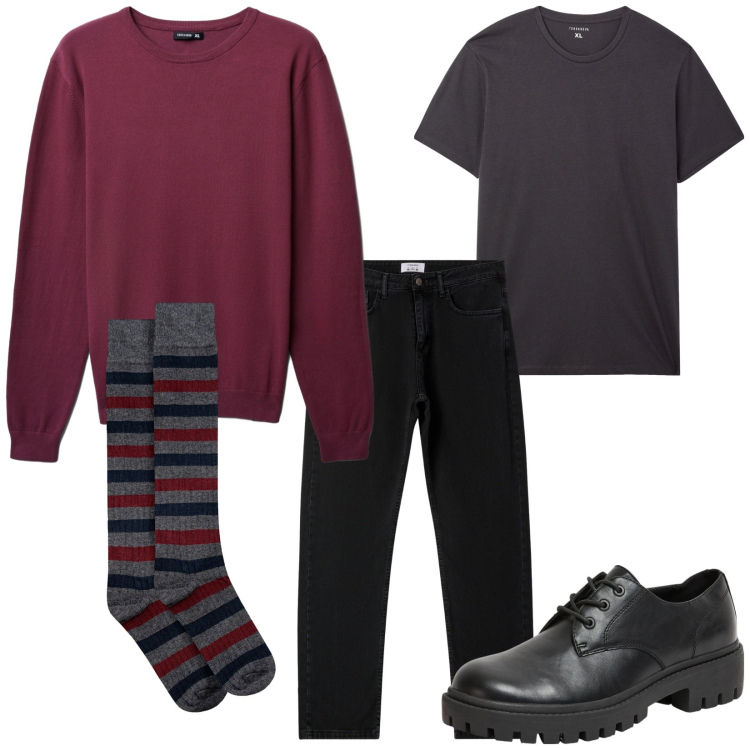 Outfit uomo - Total look #2294552. Stile Casual per Tutti i giorni. Abbinamento con scarpe stringate, t-shirt, jeans dritti, maglieria, calzini.