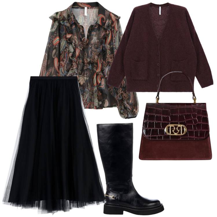 Outfit donna - Mattina e sera. per Ufficio. Abbinamento con borse a mano, stivali sopra il ginocchio, cardigans, gonne lunghe, camicie.