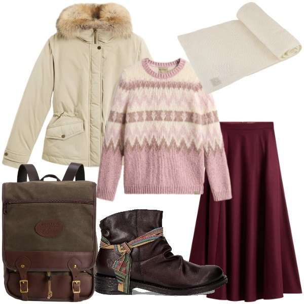 Outfit donna - Novembre casual chic. Stile Casual chic per Tutti i giorni. Abbinamento con sciarpe, zaini, gonne lunghe, blazer, maglieria, stivaletti chelsea.