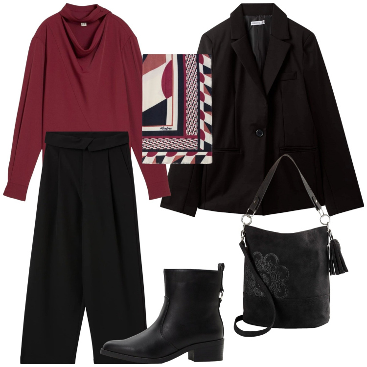 Outfit donna - Offertissime. Stile Casual chic per Serata fuori. Abbinamento con bluse, borse a mano, stivaletti, blazer, pantaloni, foulard.