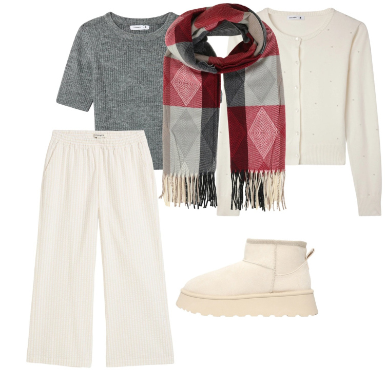 Outfit donna - In casa accanto al camino. per Tutti i giorni. Abbinamento con pantaloni a palazzo, sciarpe, t-shirt, cardigans, stivaletti.