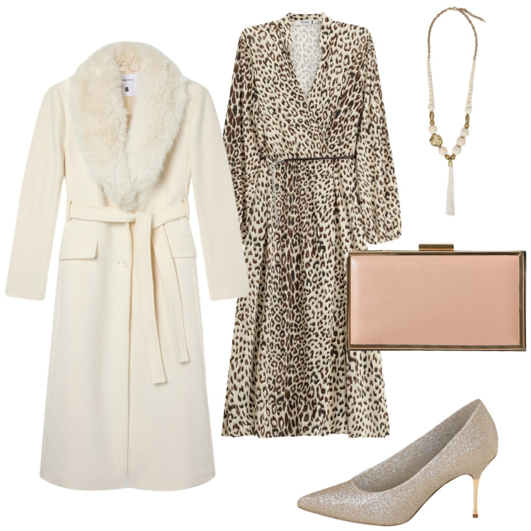 Outfit donna - Serata con stile. Stile Chic per Serata fuori. Abbinamento con vestiti midi/longuette, décolleté, pochette, cappotti, ciondoli.