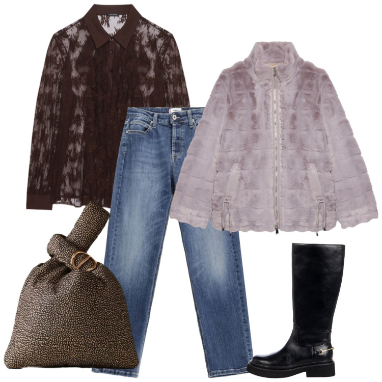 Outfit donna - Il pizzo. Stile Casual chic per Serata fuori. Abbinamento con jeans, stivali sopra il ginocchio, borse a mano, camicie, ecopellicce.