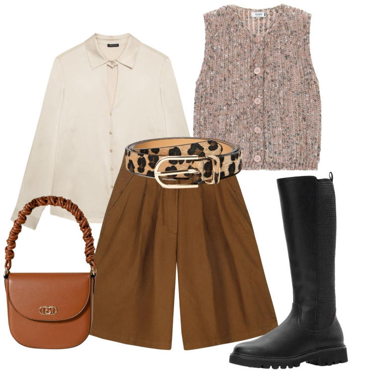 Outfit donna - Preppy Chic. Stile Preppy per Ufficio. Abbinamento con stivali, gilet, borse a mano, bermuda, camicie, cinture.