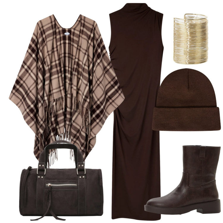 Outfit donna - Marrone profondo. Stile Chic per Tutti i giorni. Abbinamento con stivaletti, vestiti lunghi, cappotti, berretti, borse a mano, braccialetti.