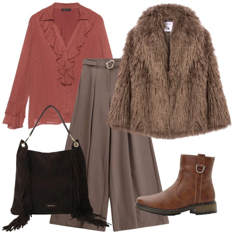 Outfit donna - Black Friday Chic. Stile Chic per Ufficio. Abbinamento con stivaletti, ecopellicce, pantaloni, borse a spalla, bluse.