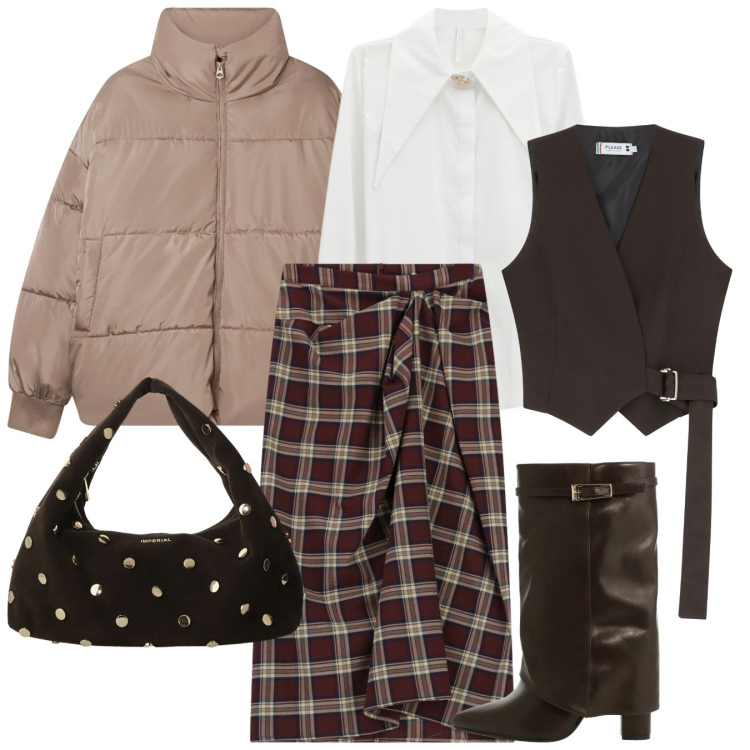 Outfit donna - Black Friday Chic. Stile Chic per Ufficio. Abbinamento con gilet, bomber, gonne longuette, stivali, borse a spalla, camicie.