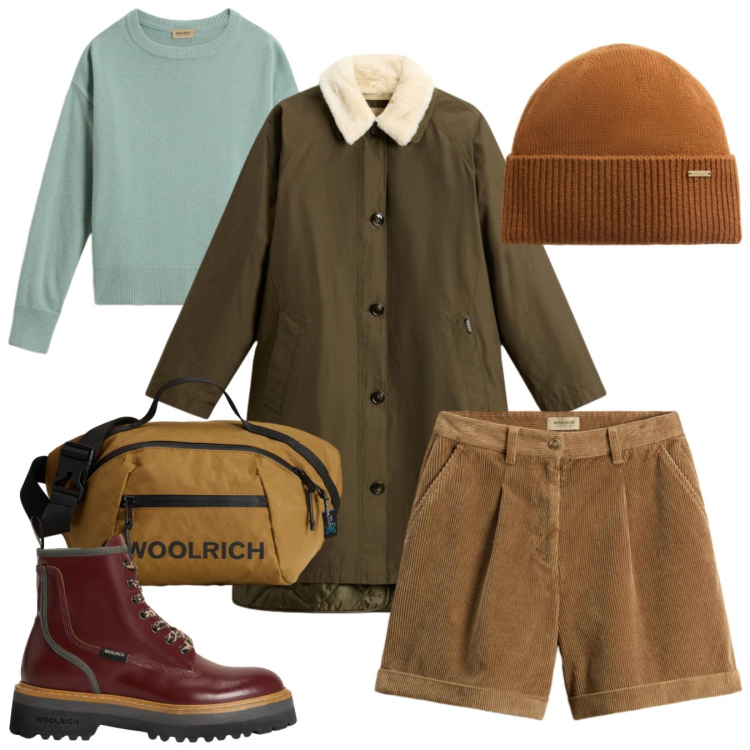 Outfit donna - Woolrich - Black Friday. Stile Preppy per Scuola/Università. Abbinamento con borse a tracolla, anfibi, berretti, maglieria, pantaloni corti, cappotti.