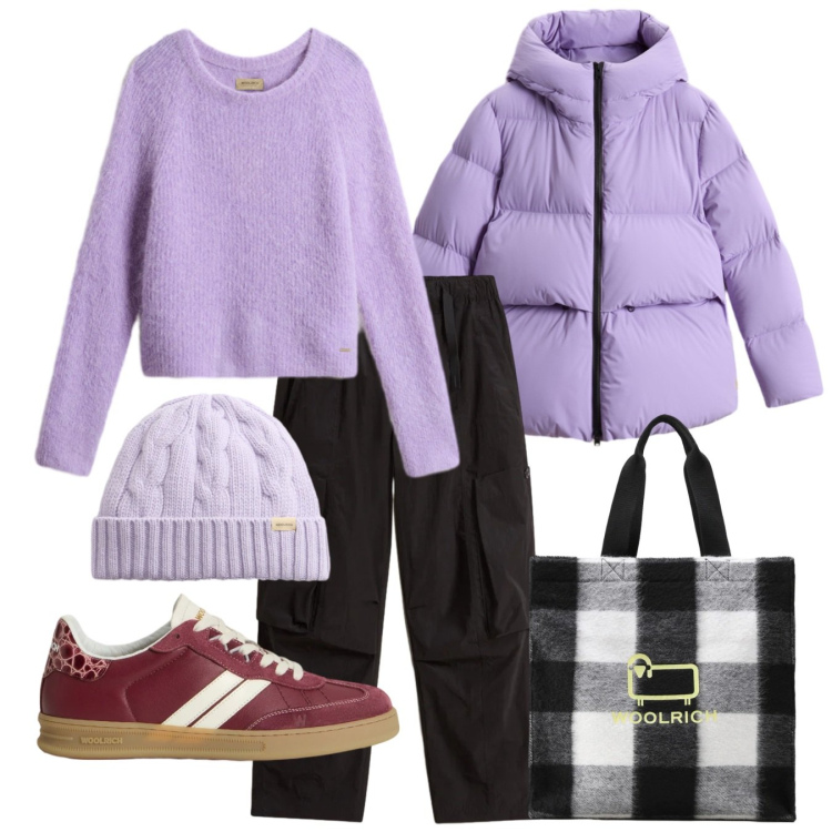 Outfit donna - Woolrich - Black Friday. Stile Casual per Tutti i giorni. Abbinamento con sneakers, maglieria, berretti, borse tote, pantaloni cargo, piumini.