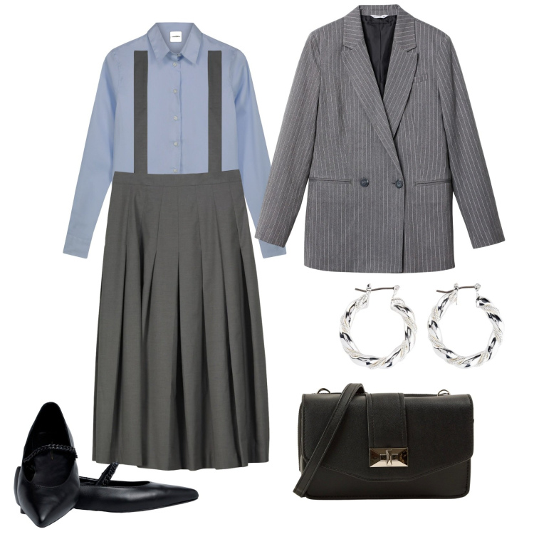 Outfit donna - Oggi così in ufficio. per Ufficio. Abbinamento con orecchini, blazer, borse a tracolla, gonne lunghe, camicie, ballerine.