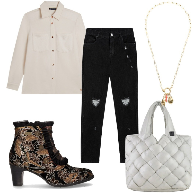 Outfit donna - Casual chic a novembre: stivaletti. Stile Casual chic per Tutti i giorni. Abbinamento con jeans skinny, ciondoli, camicie, borse tote, stivaletti.