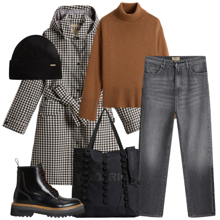 Outfit donna - Woolrich - Black Friday. Stile Casual per Ufficio. Abbinamento con anfibi, jeans, trench, borse tote, berretti, maglieria.