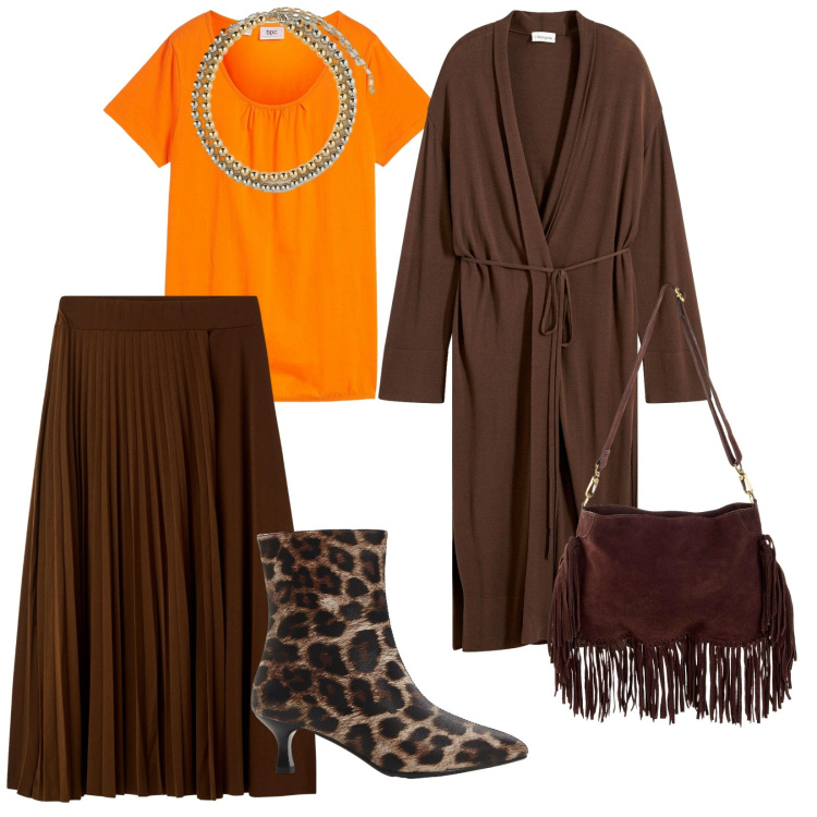 Outfit donna - Ancora autunno. per Tutti i giorni. Abbinamento con borse a tracolla, t-shirt, cappotti, stivaletti, gonne lunghe, collane.