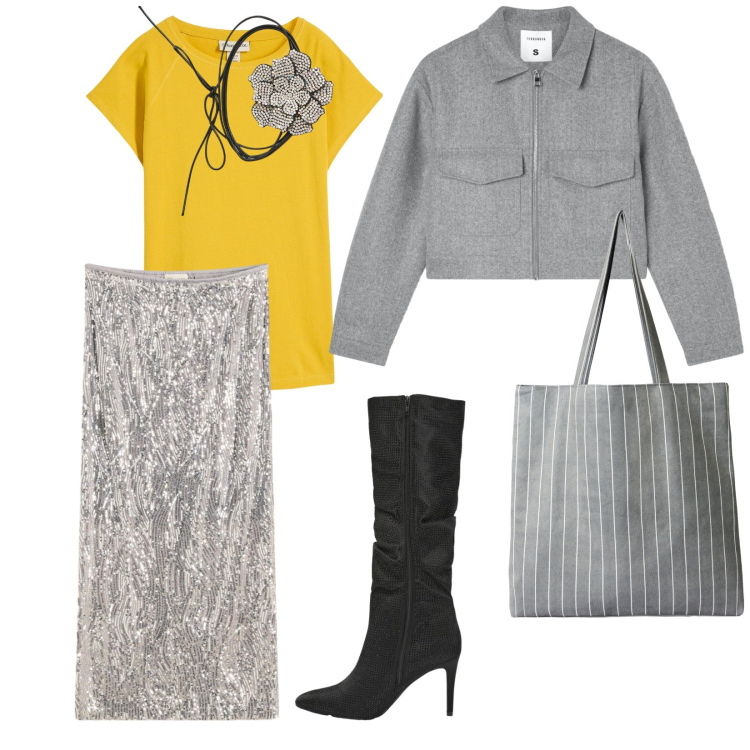 Outfit donna - Con le amiche. per Tutti i giorni. Abbinamento con t-shirt, gonne longuette, collane, shopping bag, blazer, stivali.