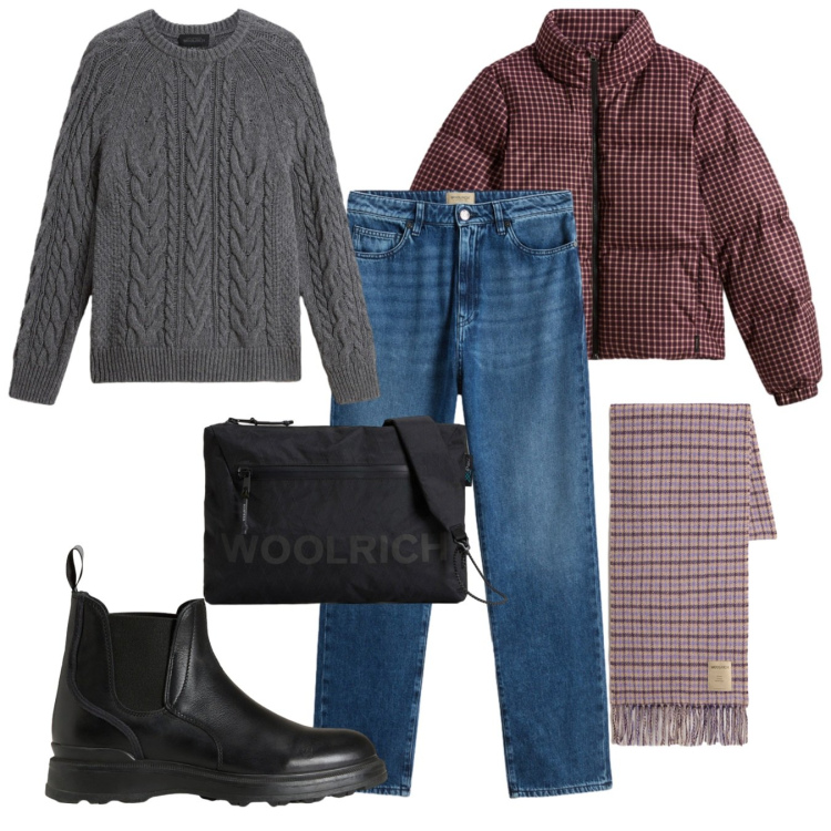 Outfit donna - Woolrich - Black Friday. Stile Casual per Tutti i giorni. Abbinamento con stivaletti, maglieria, sciarpe, piumini, borse a tracolla, jeans.