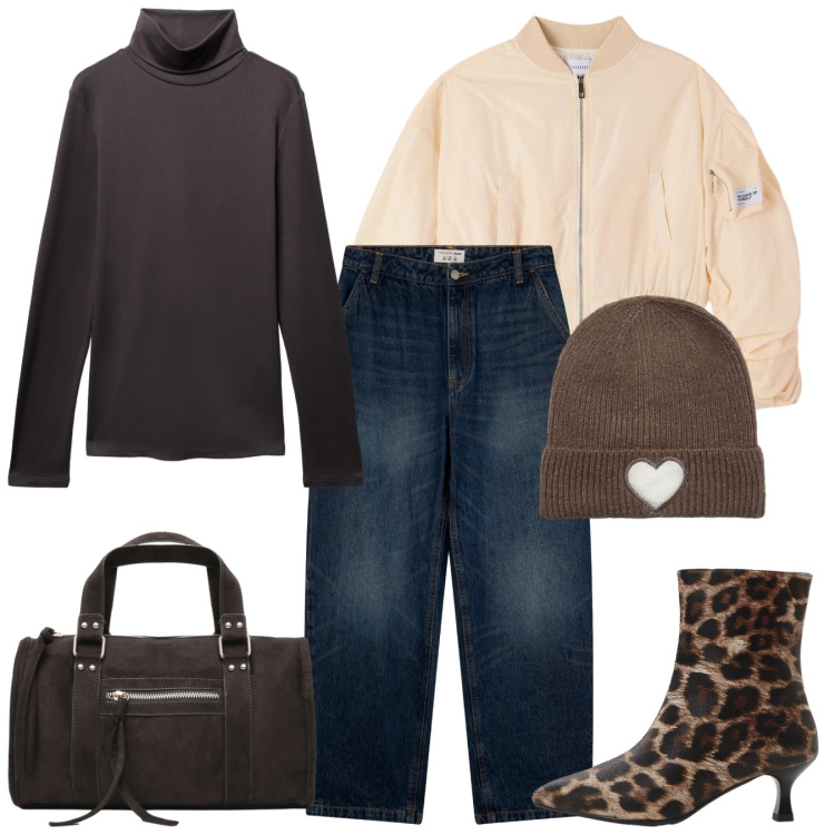 Outfit donna - Bomber chic. Stile Casual chic per Tutti i giorni. Abbinamento con stivaletti, jeans, t-shirt, berretti, bomber, borse a mano.