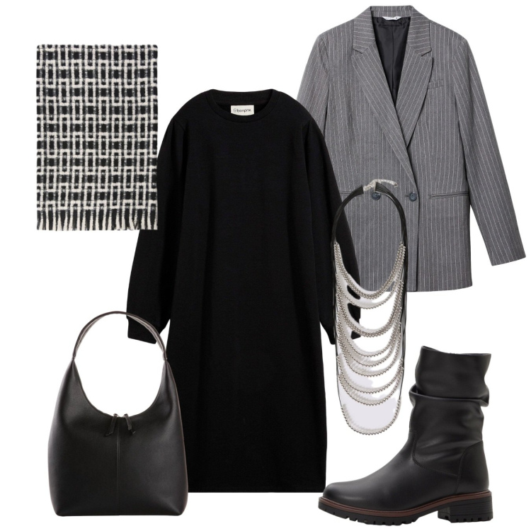 Outfit donna - Metropolitan style. Stile Bon Ton per Ufficio. Abbinamento con vestiti, shopping bag, stivali, blazer, collane, sciarpe.