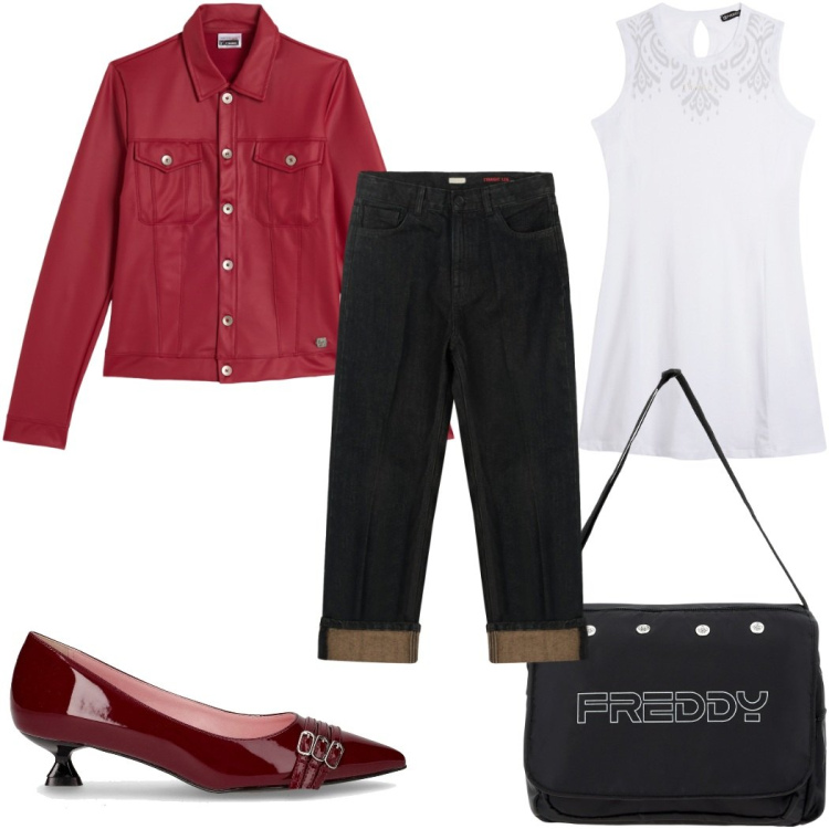 Outfit donna - Casual chic a novembre: in rosso. Stile Casual chic per Tutti i giorni. Abbinamento con borse messenger, vestiti midi/longuette, giacche, jeans dritti, décolleté.