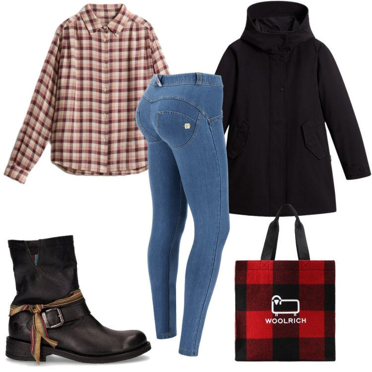 Outfit donna - Casual chic a novembre: quadretti. Stile Casual chic per Tutti i giorni. Abbinamento con jeans skinny, camicie, borse tote, parka, stivaletti.