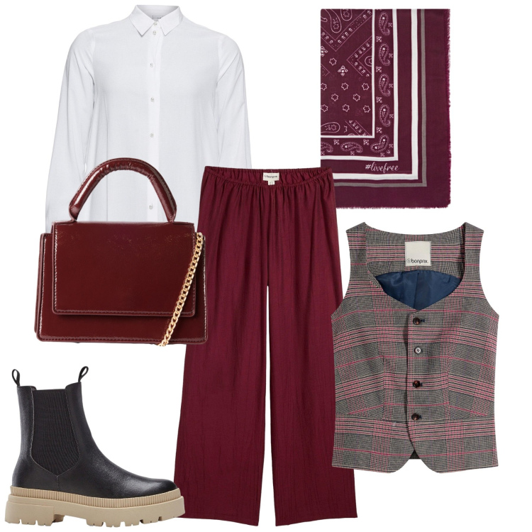 Outfit donna - Camicia e foulard. Stile Casual per Tutti i giorni. Abbinamento con camicie, stivaletti chelsea, gilet, pantaloni, borse a tracolla, foulard.