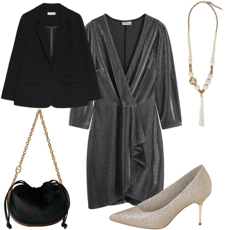 Outfit donna - Serata con stile: chic. Stile Chic per Serata fuori. Abbinamento con vestiti, décolleté, borse a spalla, ciondoli, blazer.
