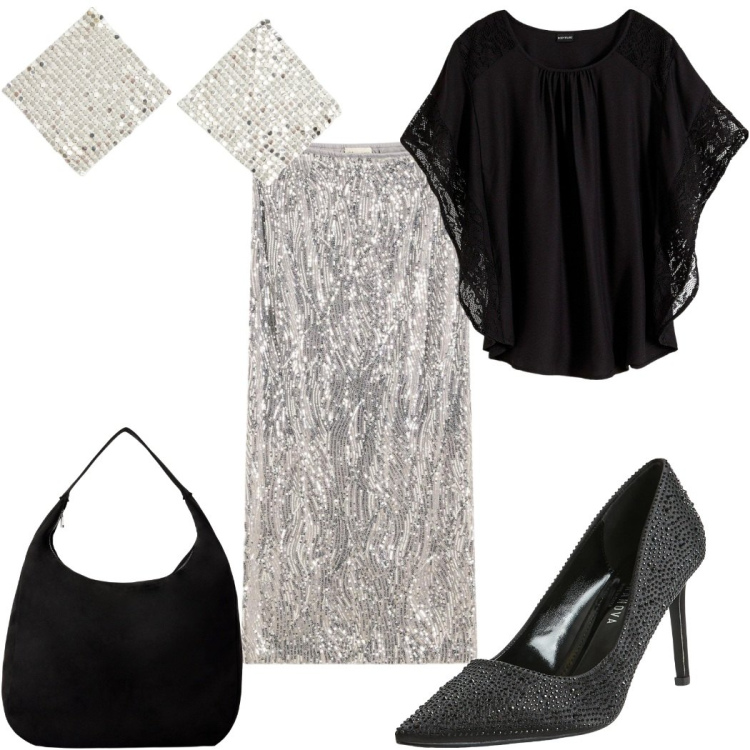 Outfit donna - Serata con stile: scintillante. Stile Glamour per Serata fuori. Abbinamento con bluse, gonne longuette, décolleté, orecchini, borse a mano.