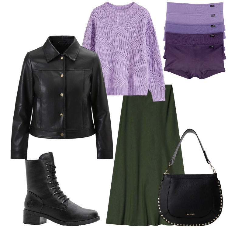 Outfit donna - Total look #2294595. Stile Urban per Tutti i giorni. Abbinamento con maglieria, culotte, stivaletti, giacche, borse a spalla, gonne lunghe.