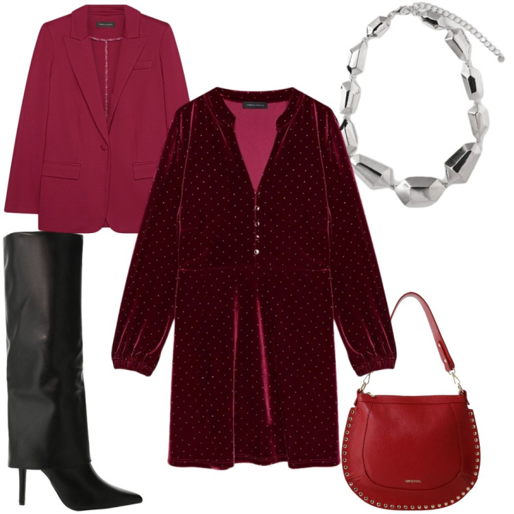 Outfit donna - Serata con stile: in rosso. Stile Trendy per Serata fuori. Abbinamento con borse a spalla, stivali, vestiti corti, blazer, ciondoli.