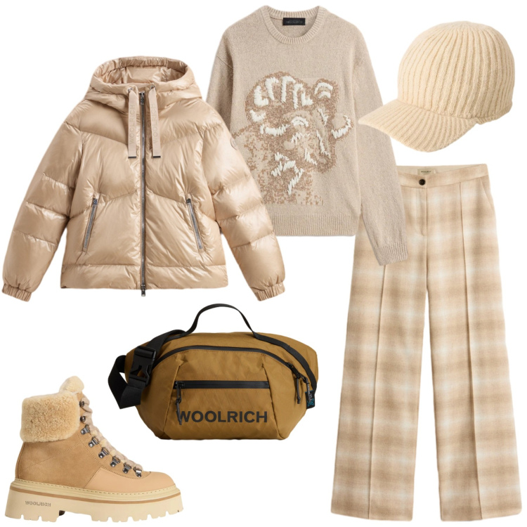 Outfit donna - Woolrich - Black Friday. Stile Casual chic per Tutti i giorni. Abbinamento con borse a tracolla, pantaloni, maglieria, cappelli, piumini, stivaletti.