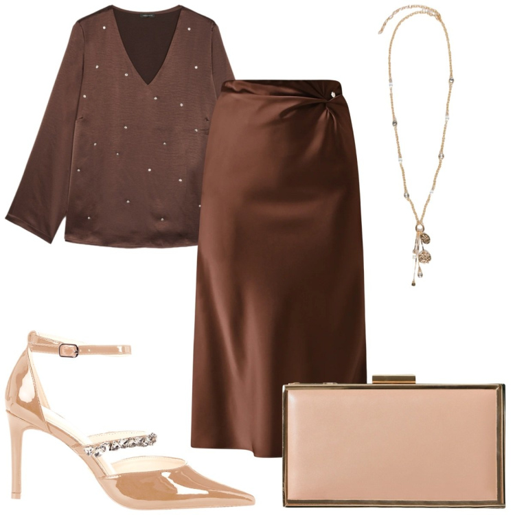 Outfit donna - Serata con stile: marrone glamour. Stile Glamour per Serata fuori. Abbinamento con gonne longuette, pochette, décolleté, bluse, ciondoli.