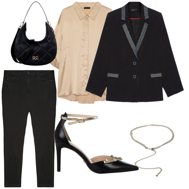 Outfit donna - Mix elegante e comodo. Stile Casual per Ufficio. Abbinamento con décolleté, borse a tracolla, jeans skinny, blazer, camicie, cinture.