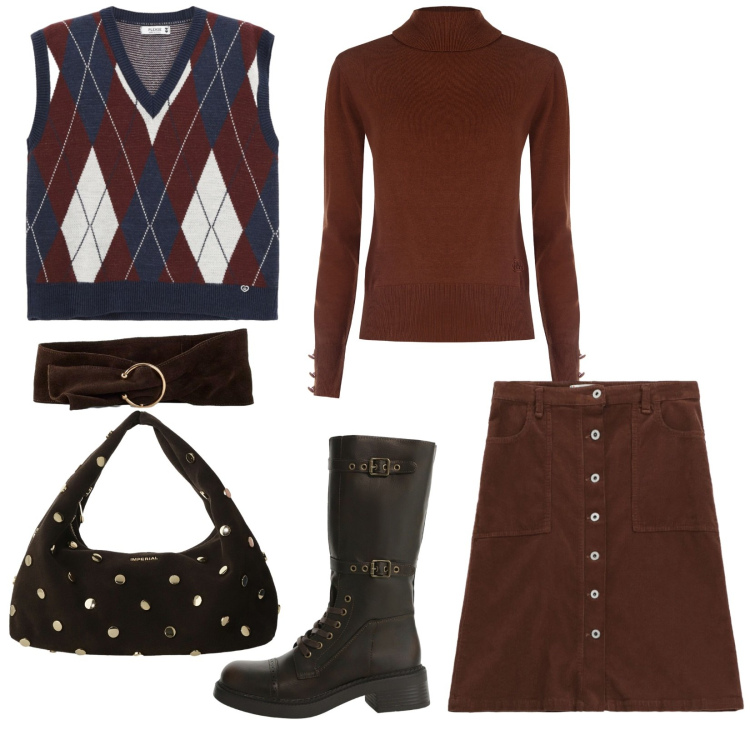 Outfit donna - Total look #2294601. Stile Trendy per Tutti i giorni. Abbinamento con cinture, gonne, gilet, pullovers, borse a spalla, stivali.