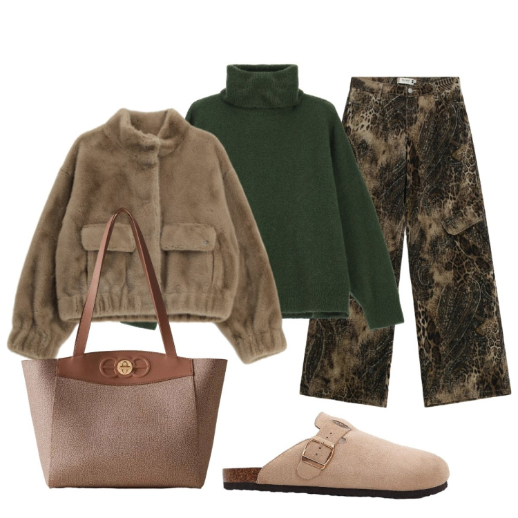 Outfit donna - Passeggiata in città. Stile Minimal per Tutti i giorni. Abbinamento con pantofole, blazer, pantaloni cargo, maglieria, shopping bag.