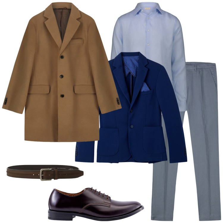 Outfit uomo - Al lavoro con classe. Stile Business/Elegante per Ufficio. Abbinamento con giacche, cinture, cappotti, camicie, scarpe stringate, pantaloni.