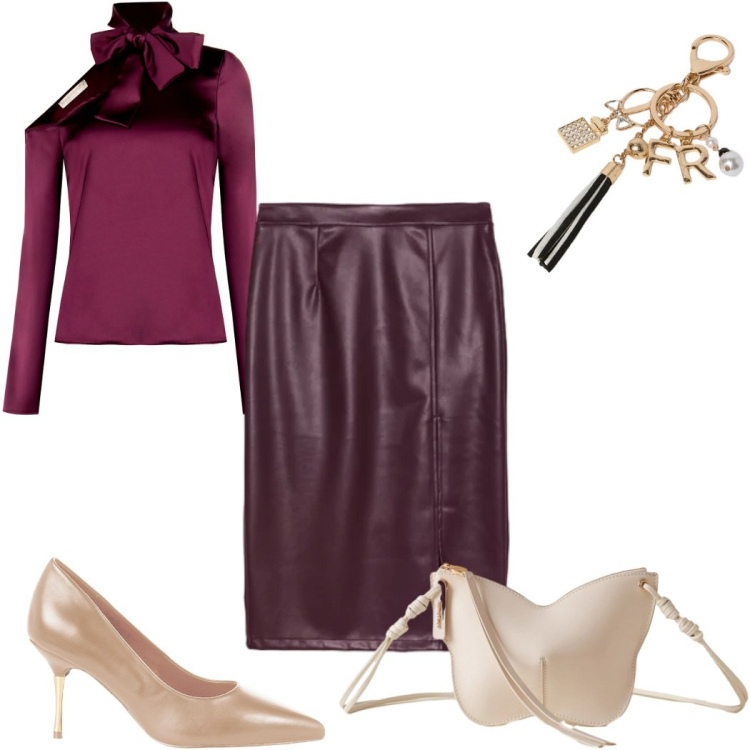 Outfit donna - Novembre purple: glamour. Stile Glamour per Serata fuori. Abbinamento con bluse, décolleté, borse a tracolla, gonne longuette, portachiavi.