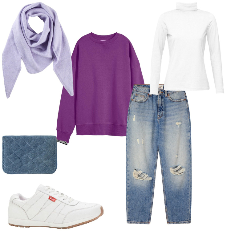 Outfit donna - Total look #2294607. Stile Casual per Tutti i giorni. Abbinamento con felpe, sneakers, maglieria, foulard, jeans mom, portafogli.