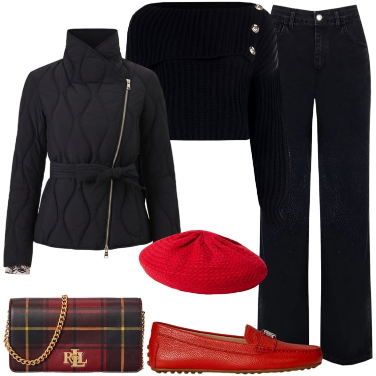 Outfit donna - In ufficio. Stile Casual chic per Ufficio. Abbinamento con piumini, jeans dritti, maglieria, mocassini, borse a mano, berretti.