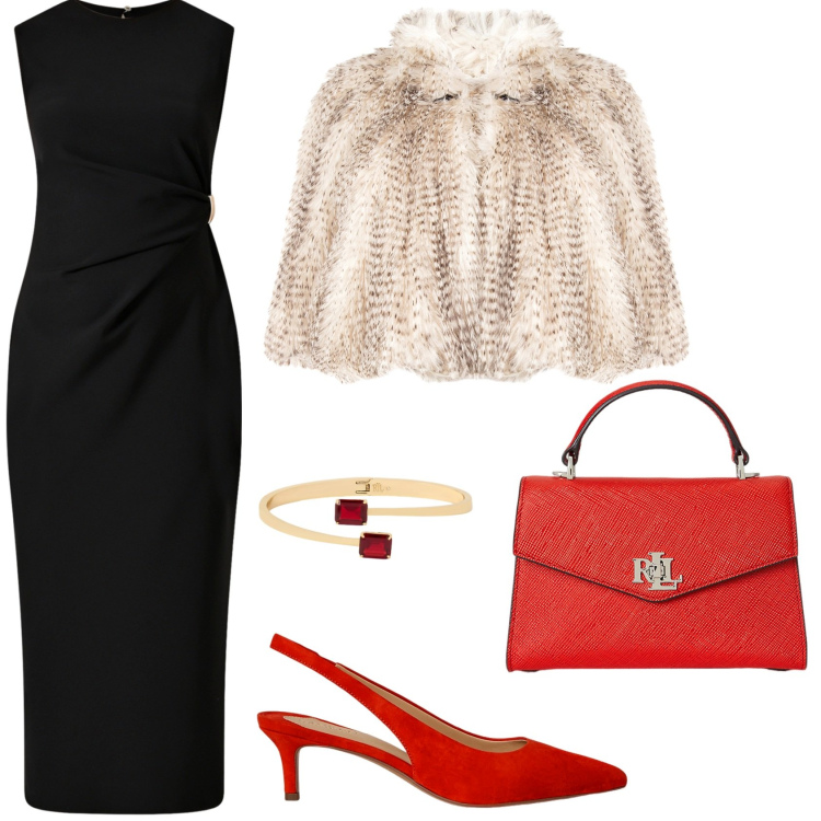 Outfit donna - Cerimonia natalizia. Stile Chic per Cerimonia. Abbinamento con vestiti a tubino, ecopellicce, borse a mano, décolleté, braccialetti.