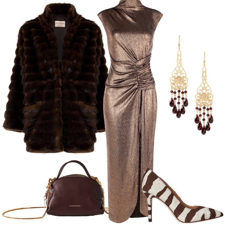 Outfit donna - Chocolate per cerimonia. Stile Chic per Cerimonia. Abbinamento con vestiti lunghi, cappotti, borse a mano, décolleté, orecchini.