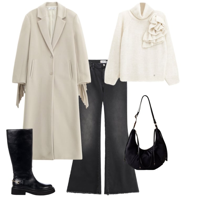 Outfit donna - Total look #2294621. Stile Trendy per Tutti i giorni. Abbinamento con cappotti, maglieria, jeans a zampa, stivali sopra il ginocchio, borse a spalla.