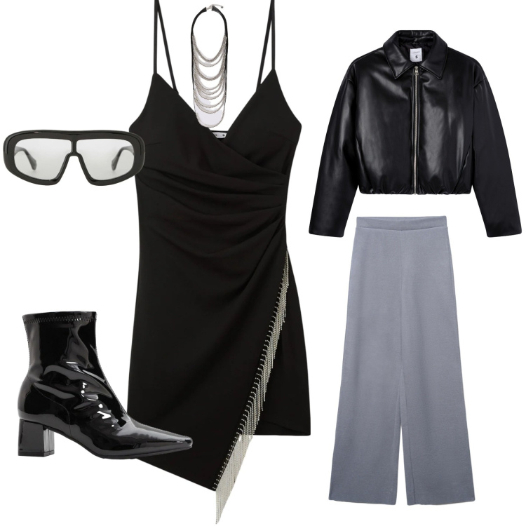 Outfit donna - Giornata di shopping. Stile Casual chic per Tutti i giorni. Abbinamento con stivaletti, vestiti corti, pantaloni, giacche, occhiali da sole, collane.