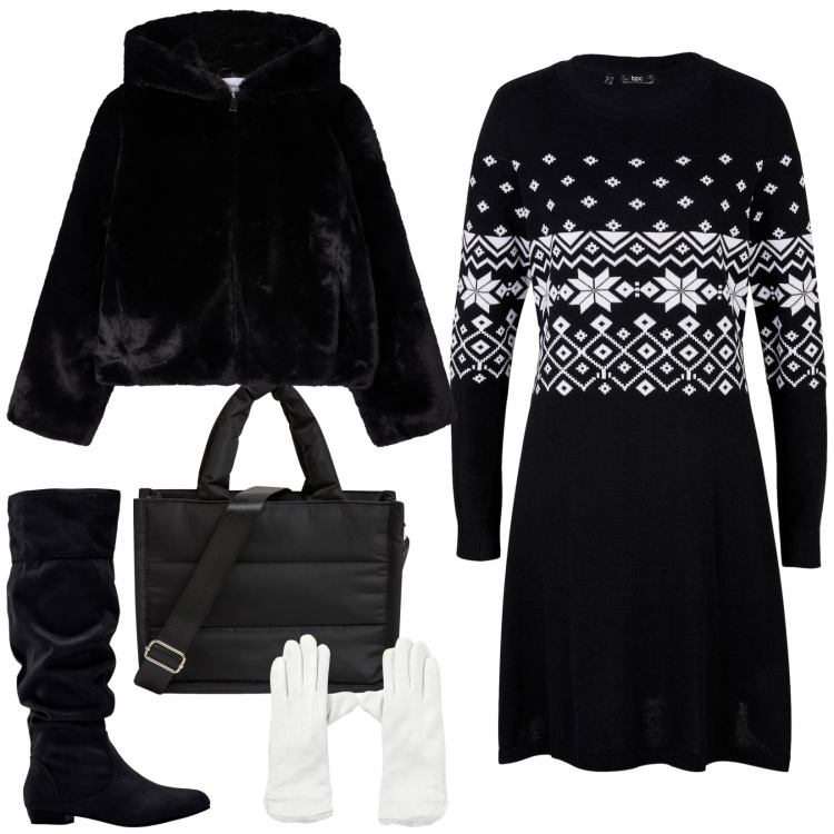 Outfit donna - Total look #2294623. Stile Casual chic per Tutti i giorni. Abbinamento con stivali, vestiti, shopping bag, ecopellicce, guanti.