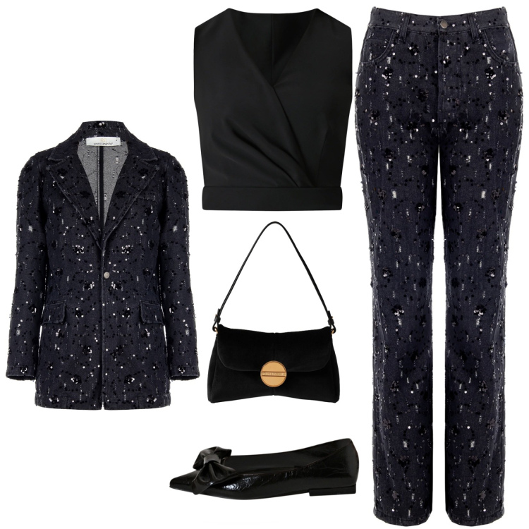 Outfit donna - Serate eventi importanti. Stile Glamour per Serata fuori. Abbinamento con blazer, pantaloni, top, ballerine, borse a tracolla.