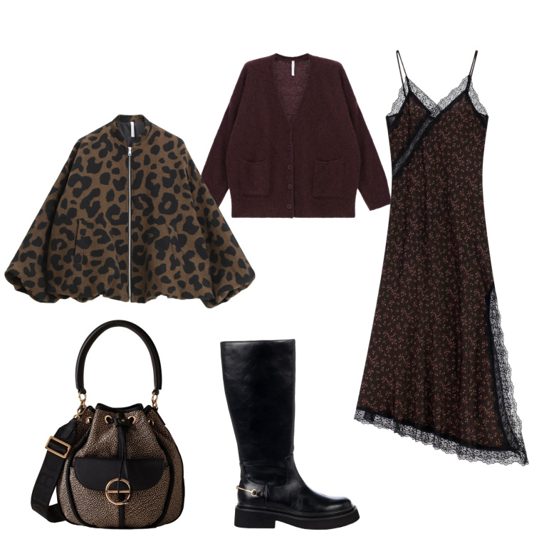 Outfit donna - Total look #2294637. Stile Chic per Serata fuori. Abbinamento con stivali sopra il ginocchio, cardigans, blazer, vestiti lunghi, borse a secchiello.