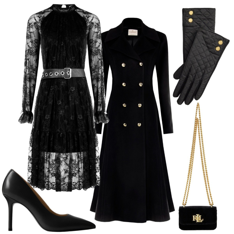Outfit donna - Night in black. Stile Chic per Serata fuori. Abbinamento con cappotti, vestiti midi/longuette, pochette, décolleté, guanti.