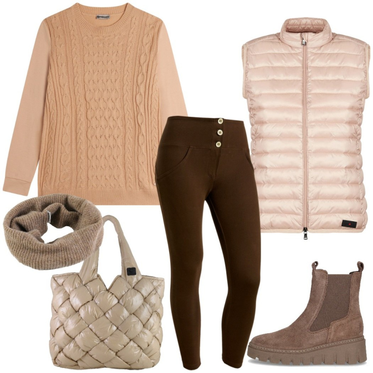 Outfit donna - Novembre in città. Stile Casual chic per Tutti i giorni. Abbinamento con maglieria, pantaloni skinny, piumini, borse tote, scaldacollo, stivaletti chelsea.