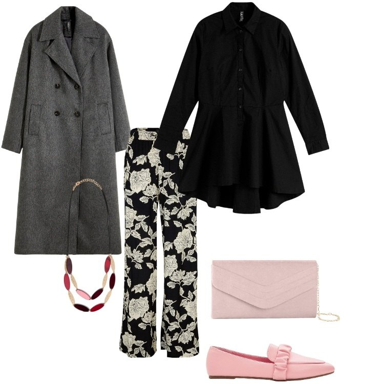 Outfit donna - Morfologia a "V"_01. Stile Casual chic per Tutti i giorni. Abbinamento con camicie, pochette, pantaloni a palazzo, mocassini, cappotti, collane.
