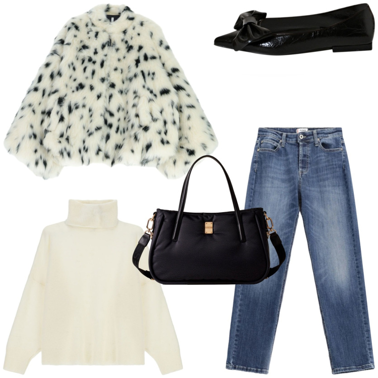 Outfit donna - Ecopelliccia e jeans. Stile Glamour per Tutti i giorni. Abbinamento con jeans, ballerine, maglieria, ecopellicce, shopping bag.
